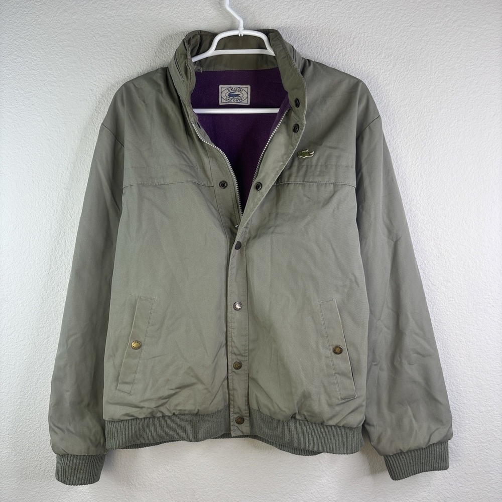 IZod Lacoste 80s Lined Bomber Jacket Mens Olive Ribbed Harrington Hood Zip Vtg